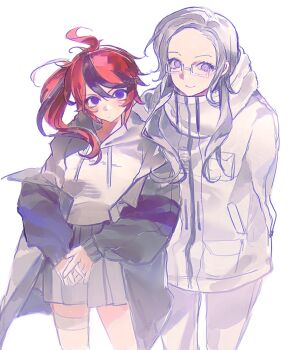 2girls aotsuki_eito arms_behind_back black_hair black_jacket chinese_commentary closed_mouth commentary_request drawstring eyelashes forehead genderswap genderswap_(mtf) grey_hair grey_skirt hair_between_eyes highres hood hood_down hooded_jacket hoodie jacket jacket_over_hoodie long_hair long_sleeves miniskirt multicolored_hair multiple_girls open_clothes open_jacket own_hands_together pants pleated_skirt purple_eyes rectangular_eyewear red_hair semi-rimless_eyewear shui_ji_xing side_ponytail sidelocks simple_background skirt smile streaked_hair sumino_takumi the_hundred_line_-last_defense_academy- thigh_strap two-tone_hair v-shaped_eyebrows white-framed_eyewear white_background white_hoodie white_jacket white_pants
