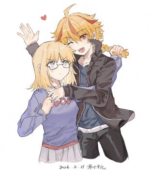 Rule 34 | 1boy, 1girl, :t, absurdres, ahoge, anger vein, blonde hair, blue eyes, braid, braided ponytail, chinese commentary, collared shirt, commentary request, cropped legs, fate/strange fake, fate (series), glasses, grabbing another's hair, heart, highres, holding another's hair, ling qiyijiu, medium hair, multicolored hair, one eye closed, open mouth, pout, red eyes, red streaks, richard i (fate), sajou ayaka (fate/strange fake), shirt, side braid, simple background, single braid, smile, sweater, white background