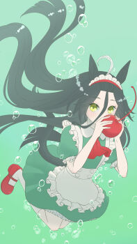 1girl absurdres air_bubble animal_ears apron ascot bangs_pinned_back blunt_ends bubble cherry dress floating_hair food frilled_apron frills fruit green_dress hair_between_eyes highres holding holding_food holding_fruit horse_ears horse_girl horse_tail long_bangs long_hair long_hair_between_eyes maid_headdress manhattan_cafe_(umamusume) okk1772 red_ascot red_shoes shoes solo tail umamusume underwater very_long_hair white_apron