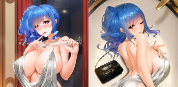 1girl azur_lane back backless_dress backless_outfit bag bare_shoulders bathtub blue_nails blush breasts champagne_flute cleavage commentary_request covered_erect_nipples cup dress drinking_glass earrings evening_gown fantasy_dimension finger_to_mouth from_side grey_dress hair_between_eyes hair_ornament hair_over_one_eye hairclip halter_dress halterneck hand_on_own_chest handbag holding holding_cup indoors jewelry large_breasts looking_at_viewer multicolored_hair multiple_views nail_polish necklace obaoba_(monkeyix) one_eye_closed one_eye_covered parted_lips pink_eyes plunging_neckline pouring pouring_onto_self revealing_clothes side_ponytail sideboob silver_dress split_screen st._louis_(azur_lane) st._louis_(luxurious_wheels)_(azur_lane) streaked_hair