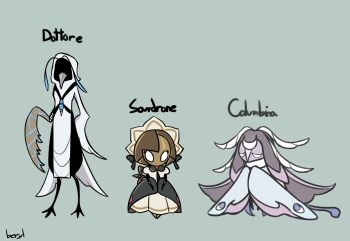 absurdres artist_name bug chibi columbina_(genshin_impact) commentary crossover dottore_(genshin_impact) english_commentary flat_color genshin_impact highres hollow_knight label reference_sheet sandrone_(genshin_impact) simple_background