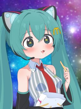 1girl :3 animal_ears aqua_eyes aqua_hair bag bare_shoulders blush breasts cat_ears detached_sleeves drooling fake_animal_ears food french_fries hair_between_eyes hair_ornament hatsune_miku headset highres holding holding_bag holding_food long_hair mcdonald&#039;s meme necktie open_mouth paper_bag ransusan shakacat shake_shake_fries shirt skirt sleeveless small_breasts smile solo space_cat_(meme) twintails upper_body vocaloid