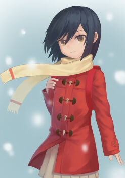 1girl absurdres black_hair boku_dake_ga_inai_machi brown_eyes closed_mouth coat commentary_request highres hinazuki_kayo long_sleeves looking_at_viewer outdoors pleated_skirt red_coat rockzero scarf short_hair skirt sleeves_past_wrists snowing solo upper_body yellow_scarf
