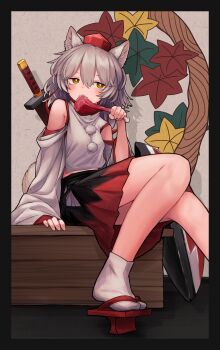 1girl absurdres animal_ears bare_shoulders boned_meat bright_pupils commentary commission detached_sleeves eating food hair_between_eyes hat highres inubashiri_momiji leaf_print meat medium_hair neritch pom_pom_(clothes) sandals sharp_teeth shield shirt sitting skeb_commission sleeveless sleeveless_shirt socks solo sword sword_on_back tail teeth tokin_hat touhou two-tone_skirt weapon weapon_on_back white_hair white_pupils white_shirt white_socks wolf_ears wolf_girl wolf_tail yellow_eyes