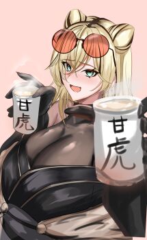 1girl absurdres black_bodysuit black_gloves black_streaks blonde_hair bodysuit breasts cleavage commentary_request cup fang gloves highres holding holding_cup hololive hololive_dev_is koganei_niko koganei_niko_(new_year) kurogomatcha large_breasts long_hair looking_at_viewer multicolored_hair official_alternate_costume open_mouth skin_fang smile solo streaked_hair very_long_hair virtual_youtuber