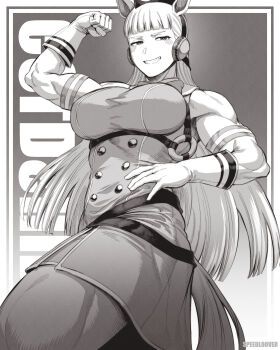 1girl absurdres animal_ears artist_name breasts character_name commentary english_commentary flexing gold_ship_(umamusume) greyscale grin highres horse_ears horse_girl horse_tail large_breasts looking_at_viewer monochrome muscular muscular_female simple_background smile solo speedl00ver tail teeth umamusume