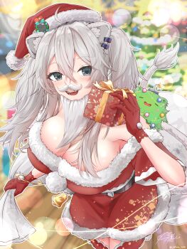 1girl absurdres alternate_costume animal_ear_piercing animal_ears breasts cleavage commentary_request dress fake_beard fake_facial_hair fake_mustache flower fur-trimmed_dress fur-trimmed_headwear fur_trim gloves grey_eyes grey_hair hat highres hololive large_breasts lion_ears lion_girl lion_tail long_hair open_mouth red_flower red_gloves red_hat red_thighhighs santa_costume santa_dress santa_hat shishiro_botan smile solo ssrb_(shishiro_botan) tail thighhighs u_da_desu virtual_youtuber