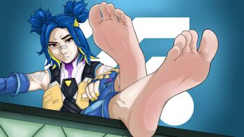 1girl beads blue_background blue_hair feet feet_up foot_focus foot_up foot_worship highres kaerokus neon_(valorant) patreon_username radiant soles solesfetish toes toes_up valorant