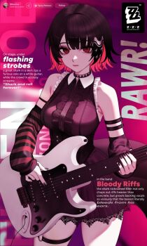 Rule 34 | 1girl, alternate costume, arm strap, artist name, asymmetrical sleeves, bare shoulders, black hair, black nails, black shirt, blue skirt, breasts, center frills, character name, closed mouth, collar, commentary, copyright name, cowboy shot, electric guitar, ellen joe, english text, frills, guitar, holding, holding guitar, holding instrument, instrument, lace, lace-trimmed skirt, lace trim, large breasts, looking at viewer, mismatched sleeves, ohkurrva, red background, red eyes, shirt, short hair, skirt, sleeveless, sleeveless shirt, solo, striped sleeves, thigh strap, zenless zone zero