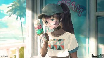 Rule 34 | 1girl, alternate costume, aqua eyes, baseball cap, black hair, blue hat, blunt bangs, blunt ends, blurry, blurry background, commentary request, copyright name, cropped shirt, day, food, food on hand, grey hair, hat, hime cut, hololive, hololive dev is, ice cream, juufuutei raden, long hair, looking at viewer, multicolored hair, official art, outdoors, ponytail, print shirt, qr code, round eyewear, shirt, skin tight, solo, streaked hair, t-shirt, two-tone hair, upper body, virtual youtuber, white shirt, you shimizu