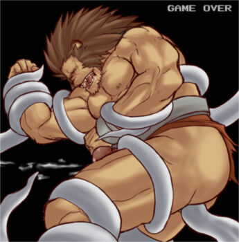 1boy animal_ears bara bare_pectorals biceps black_background bound bound_arms bound_legs closed_eyes commentary_request cum erection furry furry_male game_over leo_(warzard) lion_boy lion_ears lion_mane lowres magnum_feering male_focus muscular muscular_male nipples open_mouth pectorals penis red_loincloth saliva scar scar_on_face scar_on_nose tentacle_sex tentacles topless_male warzard