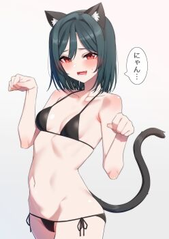 Rule 34 | 1girl, absurdres, animal ears, bikini, black hair, breasts, cat ears, cat girl, cat tail, commentary request, fake animal ears, fake tail, fang, gradient background, grey background, highres, love live!, love live! nijigasaki high school idol club, micro bikini, mifune shioriko, nasuno (nasuno42), navel, open mouth, paw pose, short hair, side-tie bikini bottom, simple background, small breasts, solo, speech bubble, swimsuit, tail, teeth, translation request
