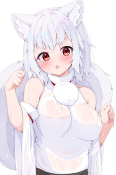 1girl animal_ears blush breasts commentary_request detached_sleeves inubashiri_momiji looking_at_viewer open_mouth red_eyes rururiaru shirt short_hair simple_background sleeveless sleeveless_shirt solo tail touhou wet white_background white_hair white_shirt white_sleeves wide_sleeves wolf_ears wolf_girl wolf_tail