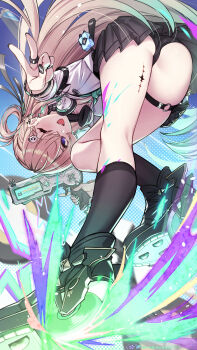 1girl absurdres artist_name ass black_nails black_panties black_shoes black_skirt black_socks blonde_hair blue_background braid braided_bangs charm_(object) clang_bang_(wuthering_waves) commentary_request earrings fingernails hair_ornament headphones headphones_around_neck highres holding jewelry long_hair looking_at_viewer lynae_(wuthering_waves) nail_polish one_eye_closed open_mouth panties partial_commentary purple_eyes shirt shoes skirt skull_hair_ornament smile socks solo star_(symbol) star_earrings tacet_mark_(wuthering_waves) thighs underwear upskirt v white_shirt wuthering_waves yellowpaint.