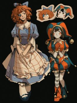 2girls alternate_costume apron asymmetrical_footwear asymmetrical_legwear back_bow bell black_background black_eyes black_hair blue_bodysuit blue_bow blue_dress blue_eyes blue_eyeshadow blue_shoes blush bodysuit bow button_eyes buttons commentary curly_hair doll double-parted_bangs dress eyeshadow facing_viewer frilled_dress frilled_sleeves frills frown gloves hair_bow hashtag-only_commentary hat head_tilt height_difference iria_arts jester_cap looking_ahead looking_to_the_side makeup mismatched_eyes mismatched_footwear mismatched_legwear multicolored_bodysuit multicolored_eyes multiple_girls multiple_views own_hands_clasped own_hands_together patchwork_clothes plaid_apron plaid_clothes pomni_(the_amazing_digital_circus) ragatha_(the_amazing_digital_circus) red_bodysuit red_eyes red_gloves red_hair red_shoes shoes short_hair simple_background smile socks striped_clothes striped_socks symbol-only_commentary tattoo teardrop_tattoo teeth the_amazing_digital_circus two-tone_bodysuit white_apron white_bow white_socks