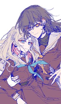 Rule 34 | 2girls, aqua neckerchief, black hair, blue eyes, blush, brown dress, ceras yanagida lilienfeld, closed mouth, commentary request, cowboy shot, dress, edel note, grey hair, hair ribbon, hasu no sora school uniform, highres, jellyfish cut, katsuragi izumi, link! like! love live!, long hair, long sleeves, love live!, multiple girls, neckerchief, orange eyes, pink ribbon, pleated dress, ribbon, sailor collar, sailor dress, school uniform, slit pupils, smile, virtual youtuber, white sailor collar, winter uniform, yellow neckerchief, yrxy settingsun