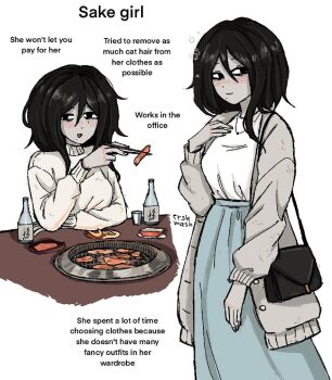 1girl aqua_skirt arm_under_breasts artist_name bag black_eyes black_hair blush breasts chopsticks coat cooking elbow_on_table ershmash food glass_bottle grey_coat grill grilling hair_between_eyes handbag highres jewelry long_sleeves meat medium_breasts medium_hair mole mole_on_cheek necklace open_clothes open_coat open_mouth original shichirin shirt shirt_tucked_in sidelocks signature simple_background skirt solo white_background white_shirt