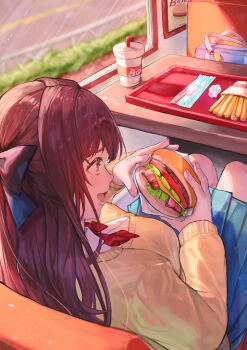 Rule 34 | 1girl, absurdres, ao hoshi, backpack, bacon, bag, blue bag, blue bow, blue skirt, bow, bowtie, bread bun, breasts, bright pupils, brown hair, burger, charm (object), cheese, collared shirt, commentary request, day, drink, drinking straw, drooling, feet out of frame, food, food focus, french fries, from above, from behind, hair bow, highres, holding, holding food, indoors, lettuce, long hair, looking down, meat, medium breasts, nail polish, open mouth, original, pickle, pink nails, pleated skirt, profile, red bow, red bowtie, school uniform, shirt, sitting, skirt, solo, sweater vest, tomato, tomato slice, tray, white shirt, window, yellow eyes, yellow sweater vest