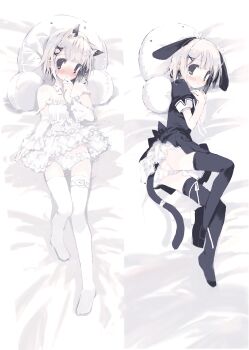 1girl absurdres animal_ears bed_sheet black_dress black_thighhighs blush camisole cat_ears cat_tail dakimakura_(medium) detached_sleeves dress frills ganges_gawa grey_eyes highres looking_at_viewer lying multiple_views on_back original panties pillow puffy_short_sleeves puffy_sleeves rabbit_ears short_hair short_sleeves shy sleeve_cuffs striped_clothes striped_panties tail thighhighs underwear white_camisole white_hair white_panties white_thighhighs