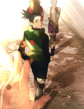 1girl 3boys akimichi_chouji black_eyes black_hair black_pants black_shirt blonde_hair brown_hair cigarette closed_mouth commentary crop_top flak_jacket from_behind geonseung ghost hands_in_pockets holding holding_cigarette jacket long_hair long_sleeves looking_back multiple_boys nara_shikamaru naruto_(series) naruto_shippuuden pants ponytail pov purple_skirt sarutobi_asuma shirt short_hair short_ponytail skirt symbol-only_commentary very_long_hair walking yamanaka_ino