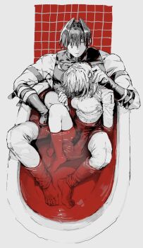 Rule 34 | 1boy, 1girl, armband, bath, bath of blood, blood, commentary request, fate/grand order, fate (series), fujimaru ritsuka (female), full body, greyscale, hair intakes, harada sanosuke (fate), highres, in bathtub, medium hair, monochrome, multiple scars, pants, scar, shirt, short hair, sitting, sitting between legs, sleeveless, spot color, walk inari