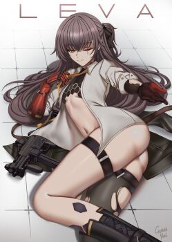 1girl absurdres adjusting_clothes adjusting_necktie artist_name ass black_boots boots breasts brown_eyes caiman_pool character_name closed_mouth collared_shirt commentary english_commentary girls&#039;_frontline girls&#039;_frontline_2:_exilium gun h&amp;k_ump highres leva_(girls&#039;_frontline_2) looking_at_viewer lying mechanical_arms naked_shirt navel necktie on_side one_eye_closed one_side_up open_clothes open_shirt prosthesis prosthetic_arm scar scar_across_eye scar_on_face shirt simple_background single_mechanical_arm small_breasts solo submachine_gun thighhighs tile_floor tiles torn_clothes torn_thighhighs ump45_(girls&#039;_frontline) weapon white_shirt yellow_necktie