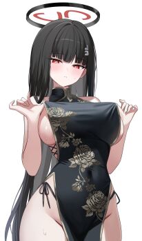 Rule 34 | 1girl, absurdres, black hair, blue archive, blush, breasts, bright pupils, china dress, chinese clothes, covered navel, dress, floral print, floral print dress, groin, halo, highres, large breasts, long hair, looking at viewer, nannung, panties, panty straps, parted lips, pelvic curtain, print dress, red eyes, ringed eyes, rio (blue archive), side-tie panties, sideless dress, simple background, sleeveless, sleeveless dress, solo, underwear, very long hair, white background, white pupils