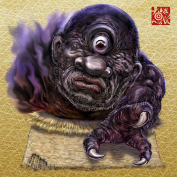 brown_eyes claws commentary_request cyclops looking_at_viewer monster nanbakibi one-eyed original smoke traditional_youkai yellow_background