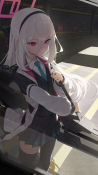 1girl absurdres black_hairband black_jacket black_skirt black_thighhighs blue_archive blue_necktie breasts gun_sling hair_between_eyes hairband halo highres jacket kei_(blue_archive) kei_(student)_(blue_archive) long_hair long_hair_between_eyes multicolored_jacket necktie open_clothes open_jacket pink_eyes pink_halo pleated_skirt railgun re_naya rectangular_halo skirt small_breasts thighhighs white_hair white_jacket