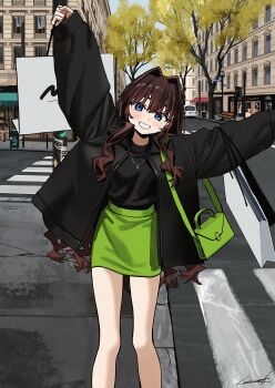 Rule 34 | 1girl, arms up, bag, black hair, black jacket, black sweater, blue eyes, building, choppy bangs, commentary request, crosswalk, day, elisia valfelto, feet out of frame, green bag, green skirt, grin, hair ears, handbag, highres, holding, holding bag, jacket, jewelry, long hair, long sleeves, luicent, miniskirt, necklace, open clothes, open jacket, original, outdoors, outstretched arms, paper bag, pencil skirt, road, skirt, sleeves past wrists, smile, solo, spread arms, standing, street, sweater, sweater tucked in, tree, urban