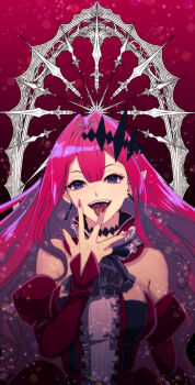 1girl absurdres baobhan_sith_(fate) baobhan_sith_(first_ascension)_(fate) bare_shoulders breasts center_frills detached_collar detached_sleeves dress earrings fate/grand_order fate_(series) frills grey_eyes highres jewelry large_breasts long_hair looking_at_viewer open_mouth pink_hair pointy_ears red_dress sidelocks smile solo tiara togeko tongue tongue_out