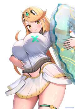 1girl alternate_costume bikini black_bikini blonde_hair blush breasts closed_mouth earrings floating_earrings gonzarez headpiece highres holding holding_swim_ring innertube jacket jewelry large_breasts long_hair looking_at_viewer mythra_(xenoblade) simple_background skirt smile solo swept_bangs swim_ring swimsuit tags thigh_strap tiara very_long_hair white_background white_jacket white_skirt xenoblade_chronicles_(series) xenoblade_chronicles_2 yellow_eyes