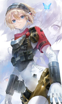 1boy 2girls absurdres aigis_(persona) android armband black_hairband black_vest blonde_hair blue_butterfly blue_eyes bow bug butterfly commentary cowboy_shot fudepenbrushpen hair_between_eyes hairband highres insect joints looking_ahead metis_(persona) multiple_girls parted_lips persona persona_3 persona_3_reload persona_3_the_answer red_armband red_bow red_eyes robot_ears robot_joints s.e.e.s short_hair vest yuuki_makoto_(persona_3)