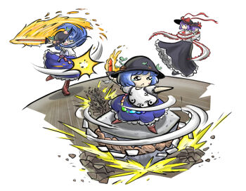 Rule 34 | aged down, black hat, blue hair, boots, bow, bucket, capelet, fish, food, food-themed hair ornament, frilled capelet, frilled shawl, frills, fruit, fruit hat ornament, hagoromo, hair ornament, hat, hat bow, hat ornament, hat ribbon, hinanawi tenshi, in bucket, in container, kaname-ishi, leaf, leaf hat ornament, long skirt, nagae iku, non-web source, oarfish, oysterfried, peach, peach hair ornament, peach hat ornament, puffy short sleeves, puffy sleeves, purple hair, rainbow gradient, rainbow order, red eyes, ribbon, shawl, short sleeves, skirt, spinning, sword of hisou, tears, touhou