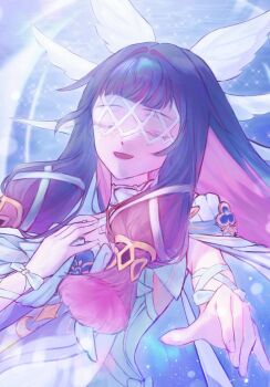1girl arm_ribbon black_hair bow ch_shukketsu closed_eyes colored_inner_hair columbina_(genshin_impact) commentary_request dress eye_mask facing_viewer genshin_impact gradient_hair hair_intakes hair_ribbon hand_on_own_chest head_wings highres korean_commentary long_hair mask multicolored_hair open_mouth pink_hair reaching reaching_towards_viewer ribbon smile solo two-tone_hair upper_body white_bow white_dress white_ribbon white_wings wings wrist_bow