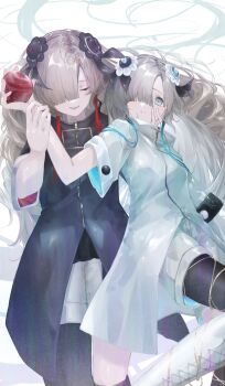 2girls absurdres asymmetrical_sleeves black_coat black_flower blue_hair closed_eyes coat dual_persona flower grey_eyes grey_hair hair_flower hair_ornament hair_over_one_eye hand_on_another&#039;s_cheek hand_on_another&#039;s_face high_collar highres isekaijoucho kamitsubaki_studio long_hair looking_at_viewer multicolored_hair multiple_girls nanami_alice open_mouth pantyhose pantyhose_under_shorts parted_lips red_hair shorts two-tone_hair uneven_sleeves virtual_youtuber white_background white_coat white_shorts zipper_pull_tab