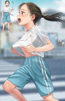 Rule 34 | 1girl, blue shorts, blurry, blurry background, blush, bottle, breasts, brown hair, closed eyes, clothes lift, commentary request, day, from side, full body, hair tie, highres, holding, holding bottle, masuda (yousaytwosin), midriff peek, navel, nervous sweating, no bra, open mouth, original, outdoors, pink shoes, plastic bottle, ponytail, purple eyes, running, shirt, shirt lift, shoes, short sleeves, shorts, solo, sound effects, sportswear, steam, sweat, sweatdrop, tongue, underboob, wet, wet clothes, white shirt
