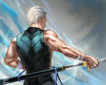 1boy absurdres blue_shirt commentary cowboy_shot devil_may_cry_(series) devil_may_cry_5 drawing_sword english_commentary from_behind hair_slicked_back henoopd highres holding holding_sword holding_weapon katana male_focus outstretched_arm photo-referenced shirt short_hair sleeveless sleeveless_shirt solo sword toned toned_male vergil_(devil_may_cry) weapon white_hair yamato_(sword)