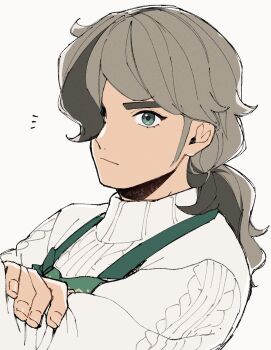 1boy apron arven_(holiday_2025)_(pokemon) arven_(pokemon) brown_hair closed_mouth commentary_request green_apron green_eyes hair_over_one_eye hand_on_own_arm highres male_focus mocollie nintendo notice_lines official_alternate_costume pokemon pokemon_masters_ex solo sweater upper_body white_background white_sweater