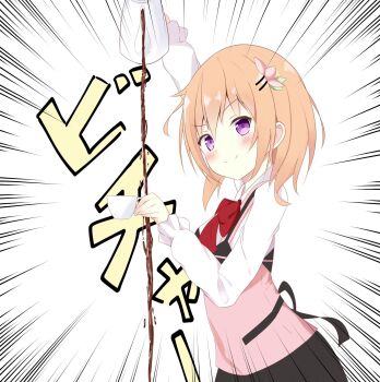 apron bad_id blush bow breasts chigusa_(soprano1995) closed_mouth coffee coffee_pot contrapposto cowboy_shot cup disposable_cup failure gochuumon_wa_usagi_desu_ka? highres hoto_cocoa looking_at_viewer medium_breasts medium_hair messy_hair orange_hair pink_apron purple_eyes rabbit_house_uniform raised_eyebrow red_apron red_bow smile sound_effect_request sound_effects spilling teacup