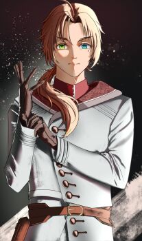 Rule 34 | 1boy, adjusting clothes, adjusting gloves, black gloves, blue eyes, closed mouth, coat, commentary, cowboy shot, gloves, green eyes, hand up, heterochromia, highres, kaoru puripuri, long hair, long sleeves, looking at viewer, male focus, mole, mole under eye, mushoku tensei, parted bangs, rudeus greyrat, solo, white coat