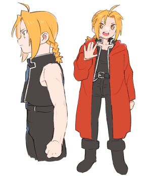1boy ahoge black_boots black_jacket black_pants black_shirt black_vest blonde_hair boots braid closed_mouth coat cowboy_shot cropped_legs edward_elric facing_viewer full_body fullmetal_alchemist gan2 hand_up highres jacket long_coat long_hair male_focus multiple_views open_mouth pants parted_bangs profile red_coat shirt single_braid smile solo standing teeth upper_teeth_only vest white_background yellow_eyes