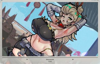 1girl absurdres alternate_breast_size armpits arms_behind_head axe battle_axe belt black_shirt black_shorts blonde_hair blue_sky blush breasts cleavage covered_erect_nipples cowboy_shot crop_top cropped detached_sleeves dutch_angle goggles goggles_around_neck green_eyes hair_bun hair_ornament highres holding holding_axe holding_weapon large_breasts long_hair midriff mold_(pixiv6616319) navel one_eye_closed open_mouth outdoors piper_wheel shirt shorts simple_background single_hair_bun sky sleepy solo standing sweat thick_thighs thighs torn_clothes unworn_eyewear weapon white_background white_sleeves wide_sleeves yawning zenless_zone_zero