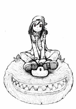 1girl artist_request bad_id bad_pixiv_id cacodemon doom_(series) eccma417 female_focus greyscale hat monochrome monster original red_eyes scarf sketch solo spot_color