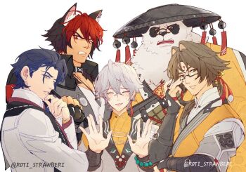 5boys angry animal_ears artist_name blush clenched_teeth collar commentary crossed_arms damian_blackwood dog_boy dog_ears english_commentary facing_viewer furry furry_male glasses hand_on_own_chin heart jewelry komano_manato looking_at_viewer male_focus multicolored_hair multiple_boys muscular muscular_male necklace open_hands open_mouth pan_yinhu panda_boy pectorals roti_strawberi round_eyewear signature smile sweat teeth upper_body white_background wise_(soaring_crane)_(zenless_zone_zero) wise_(zenless_zone_zero) wok ye_shiyuan zenless_zone_zero