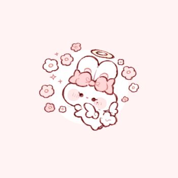 blush bow flower halo highres looking_at_viewer namino24 no_humans original pink_background pink_bow pink_flower rabbit square white_flower white_wings wings yellow_halo