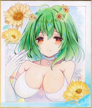 Rule 34 | choker, commentary request, dress, elbow gloves, gloves, green hair, highres, hoshi tea party, kazami yuuka, looking at viewer, medium hair, orange eyes, photo (medium), straight-on, strapless, strapless dress, touhou, white gloves