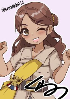 1girl artist_name badge brown_eyes brown_hair brown_shirt commentary_request dark-skinned_female dark_skin grey_background hair_bun highres kantai_collection kurano_kisuke long_hair military_uniform open_mouth sash shirt shoulder_sash simple_background solo teeth thonburi_(kancolle) twitter_username upper_body upper_teeth_only w_arms yellow_sash