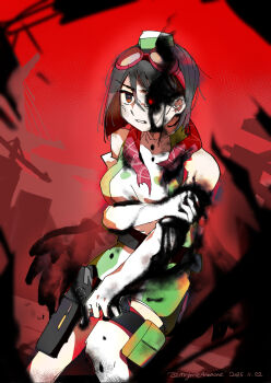 Rule 34 | 1girl, aura, bare shoulders, black eyes, black hair, breasts, commentary, cowboy shot, digimon, digimon story: time stranger, dress, english commentary, goggles, goggles on head, green dress, green hat, gun, hat, highres, holding, holding gun, holding weapon, medium breasts, microdress, mrgniteanemone, red background, red eyes, red scarf, scarf, short hair, solo, torn clothes, torn scarf, weapon, white dress, yuuki kanan