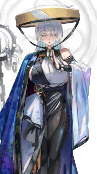 1girl absurdres asymmetrical_clothes bead_bracelet beads blue_haori bracelet breasts bug butterfly goddess_of_victory:_nikke haori hat highres insect japanese_clothes jewelry jindogod jingasa large_breasts mole mole_on_breast mole_under_eye monk nayuta_(nikke) print_haori purple_butterfly shakujou sideboob solo split-color_clothes staff thick_eyelashes unusually_open_eyes white_background